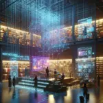 ** Futuristic retail space with digital displays, shoppers, and glowing network visuals.