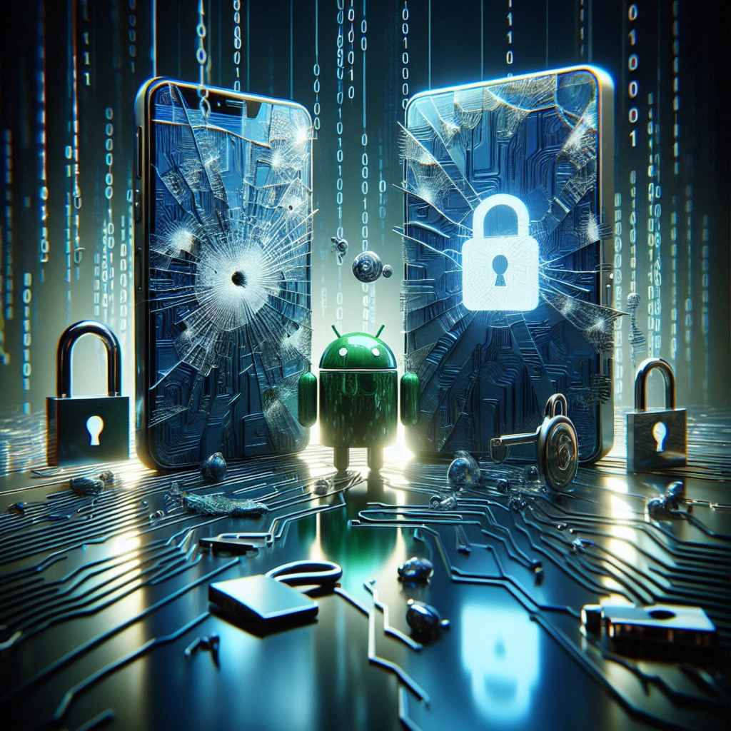 ** An Android figure stands between two broken phones surrounded by locks and particles, symbolizing digital security threats.