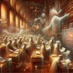 ** Ghostly figures in a vast library, studying ancient tomes amidst ethereal lights and digital elements.