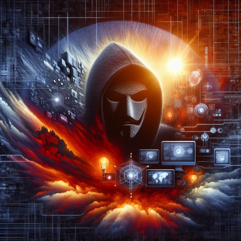 ** Mysterious figure in a hood surrounded by digital elements and vibrant colors, suggesting technology and deception.