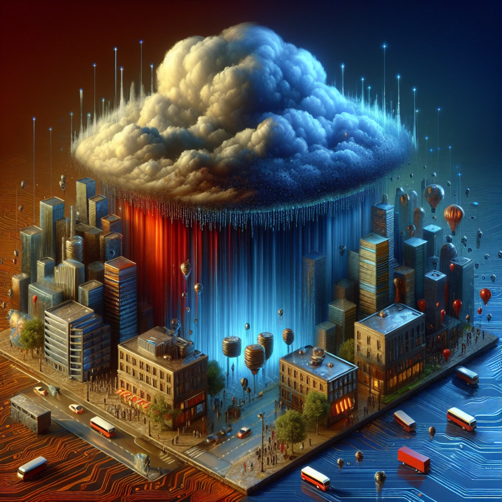 ** Surreal cityscape featuring a cloud raining colorful streams over buildings and hot air balloons.