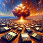 A dramatic explosion rises behind rows of scientific calculators on a digital landscape.