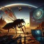 ** A futuristic bee in a cosmic landscape, surrounded by digital elements and galaxies.