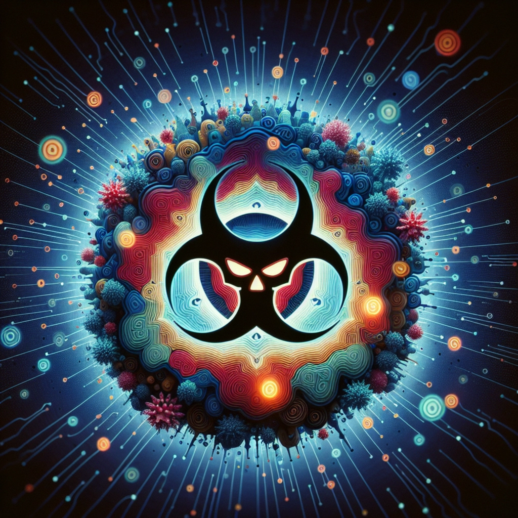 ** Artistic depiction of a biohazard symbol surrounded by colorful patterns and particles.