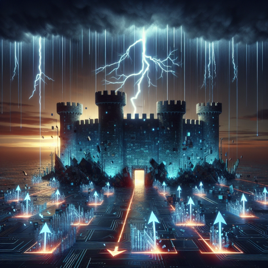 ** A futuristic castle illuminated by blue light, surrounded by digital elements and lightning in a stormy sky.