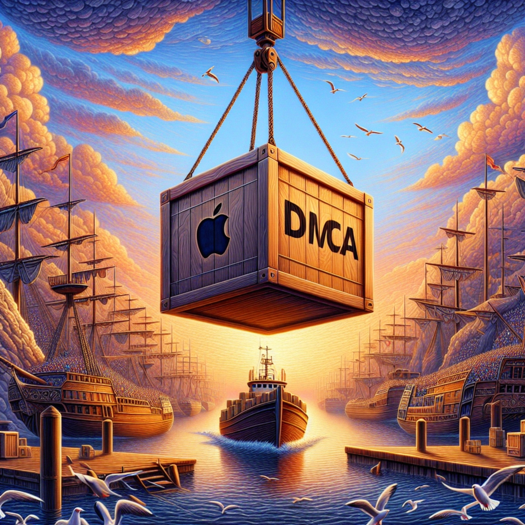 ** A wooden crate labeled "DMCA" is suspended above a serene harbor with ships, birds, and vibrant skies.