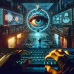 ** Futuristic scene with glowing keyboard, large eye, and a figure on a circuit pattern floor.