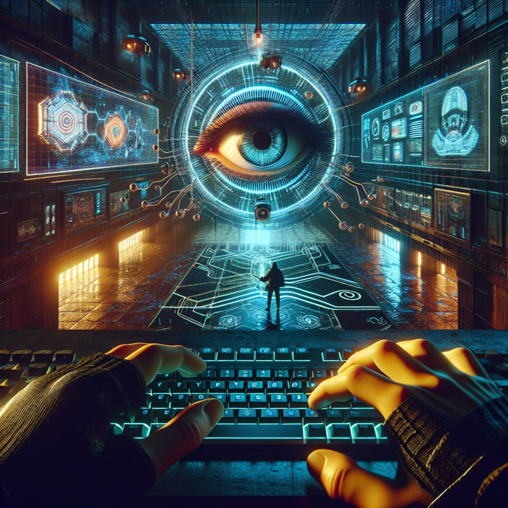 ** Futuristic scene with glowing keyboard, large eye, and a figure on a circuit pattern floor.