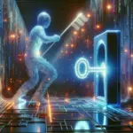 ** A digital figure waving a flag near a glowing lock and key in a tech-inspired environment.