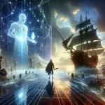 ** Futuristic figure with a holographic ship, contrasting technology and history.