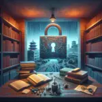 ** A futuristic library scene with a lock, books, and circuit patterns.