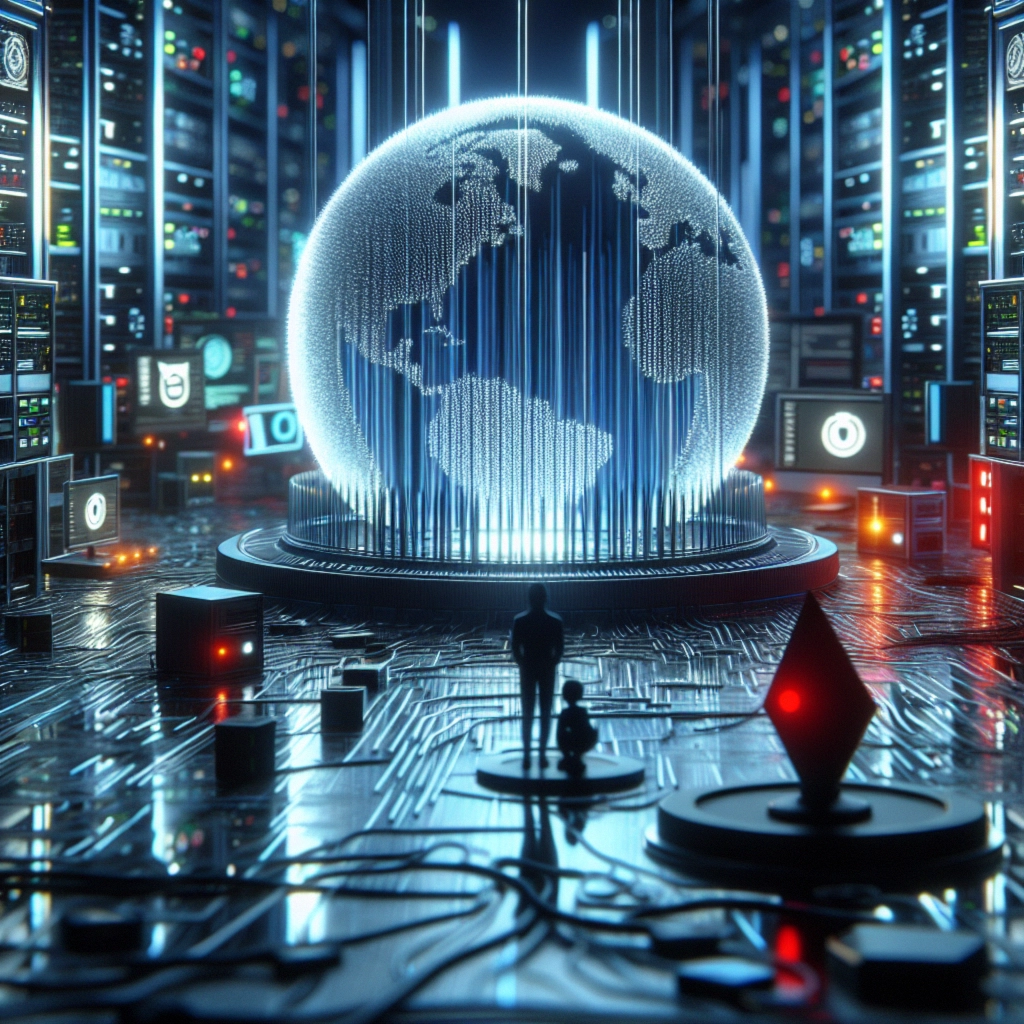 Futuristic scene with a glowing globe, data servers, and two figures amidst a tech-inspired landscape.