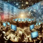 ** A high-tech control room filled with people at computers and a giant robotic fish on the wall.