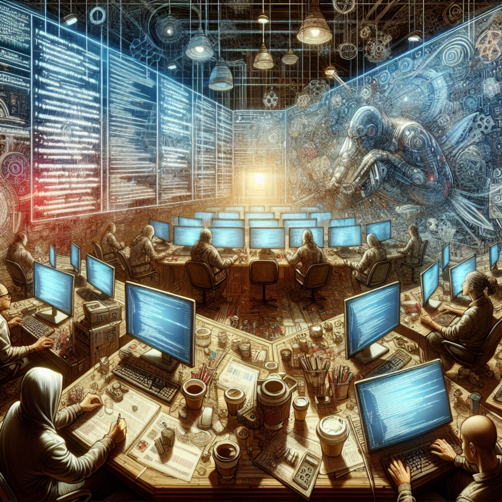 ** A high-tech control room filled with people at computers and a giant robotic fish on the wall.