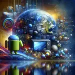 ** Colorful surreal scene featuring a green Android robot, a TV, and abstract spheres, with a globe in the background.