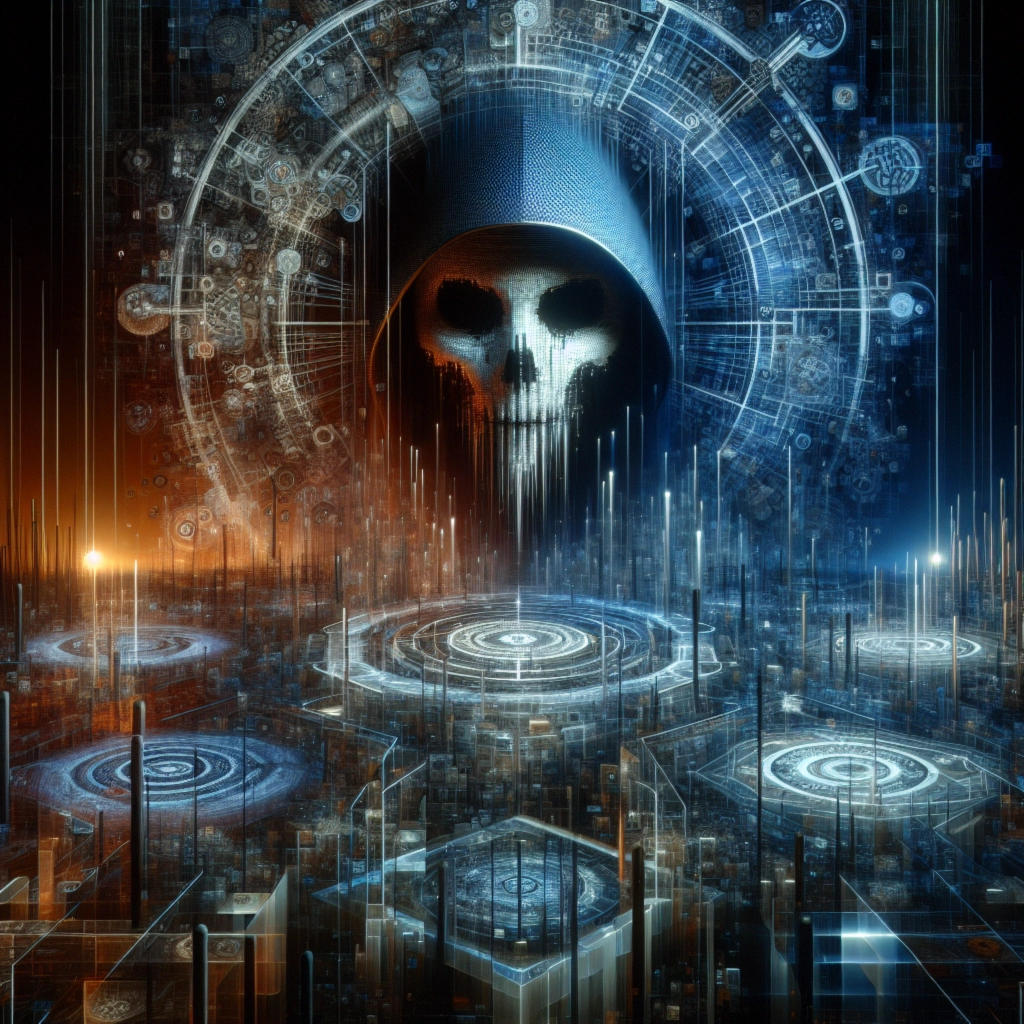 Futuristic skull with a hood, surrounded by glowing digital patterns in orange and blue hues.