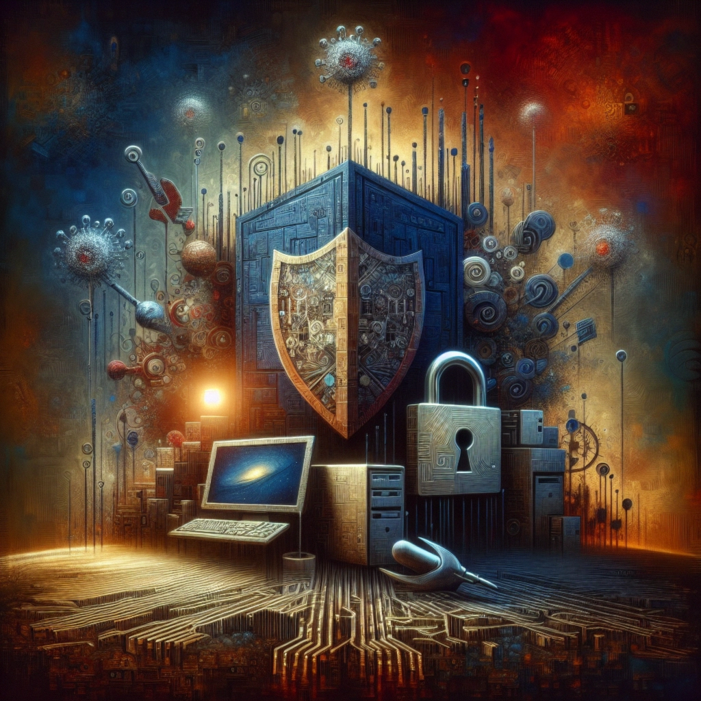 ** Abstract digital security scene with a shield, computer, and lock amid colorful technological motifs.