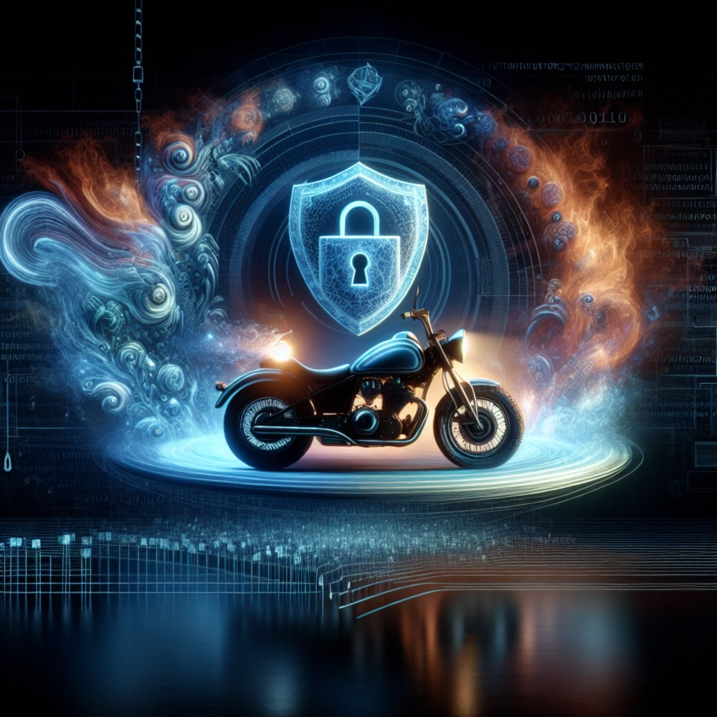 ** A futuristic motorcycle surrounded by colorful digital patterns and a security shield symbol.