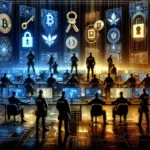 ** Police officers monitor digital screens displaying cryptocurrency symbols and security icons.