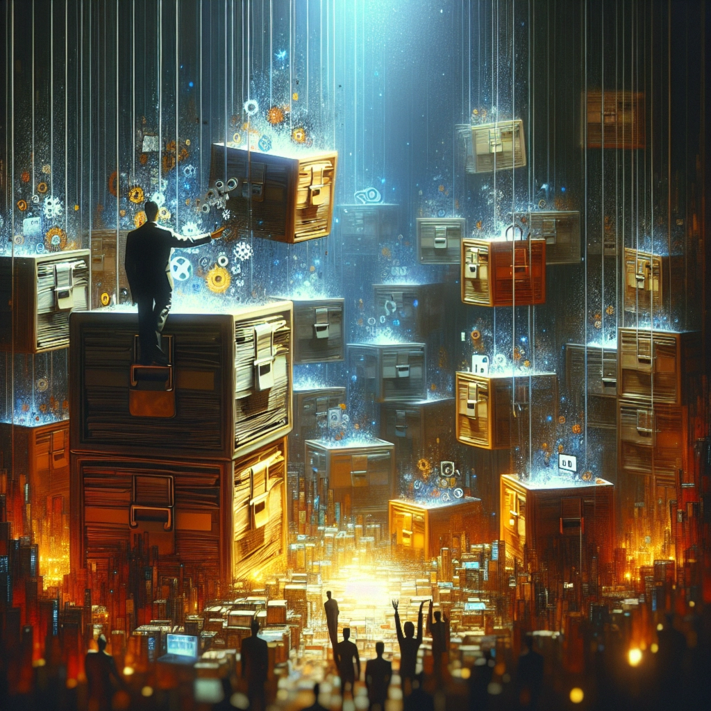 ** A figure stands on stacked boxes, surrounded by glowing crates and gears in a vibrant, futuristic setting.