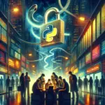 ** A group of people gather around a laptop in a neon-lit urban setting with a Python logo and digital elements.