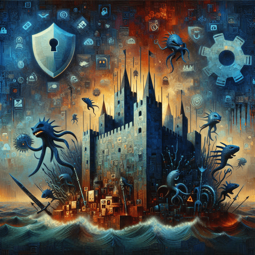 A fantastical fortress surrounded by sea creatures and symbols on a dramatic, colorful background.