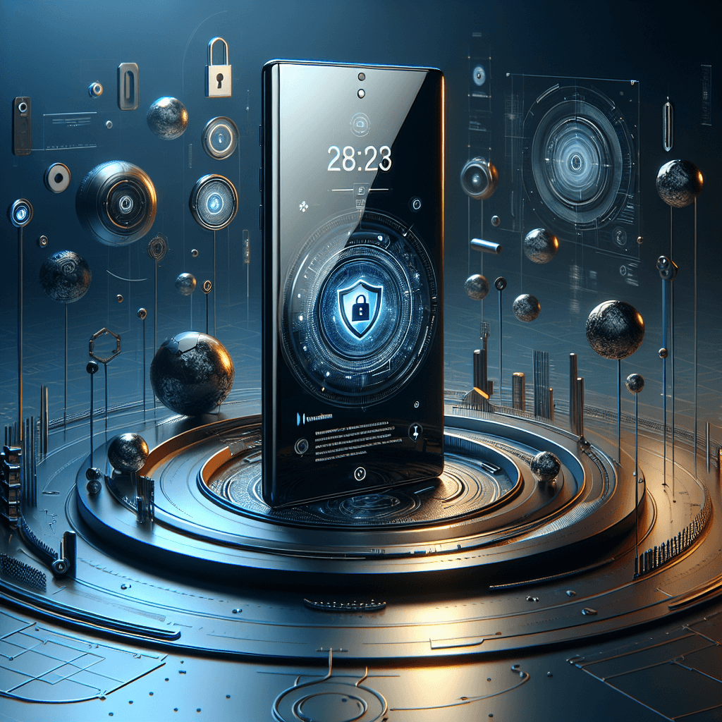 A futuristic smartphone surrounded by digital security symbols and floating orbs.