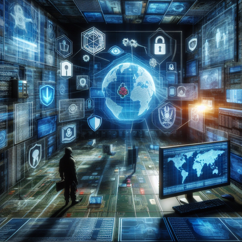 ** Futuristic digital environment with a globe, security icons, and a figure standing in front of multiple screens.