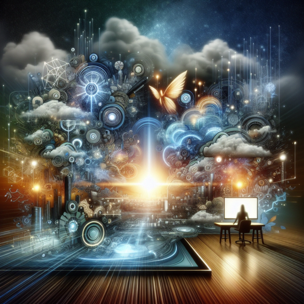 ** Surreal digital scene with a figure at a desk amidst vibrant clouds, patterns, and a glowing horizon.