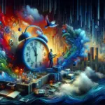 ** Surreal scene with a large clock, a man, vibrant colors, and cityscape blending into abstract elements.