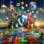 ** A futuristic landscape featuring security symbols, colorful tiles, and a shield at sunrise.