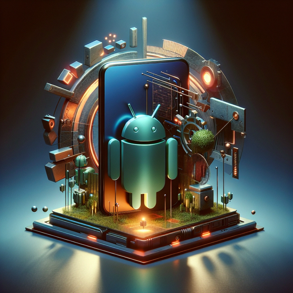 ** Abstract representation of a vibrant Android mascot amidst digital elements and glowing structures.