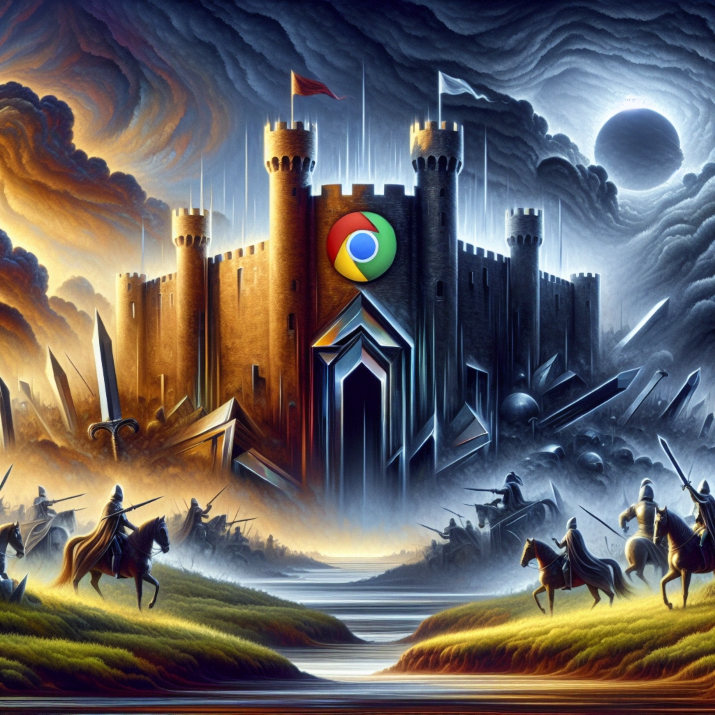 ** A dramatic scene featuring a castle with a Chrome logo amidst a stormy sky and armored knights on horseback.