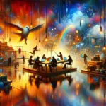 ** A vibrant digital workspace with figures, bright lights, and a large flying bird, creating a futuristic atmosphere.