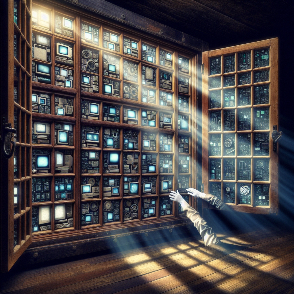 A person with gloved hands reaches toward a wooden cabinet filled with vintage screens and circuit boards.