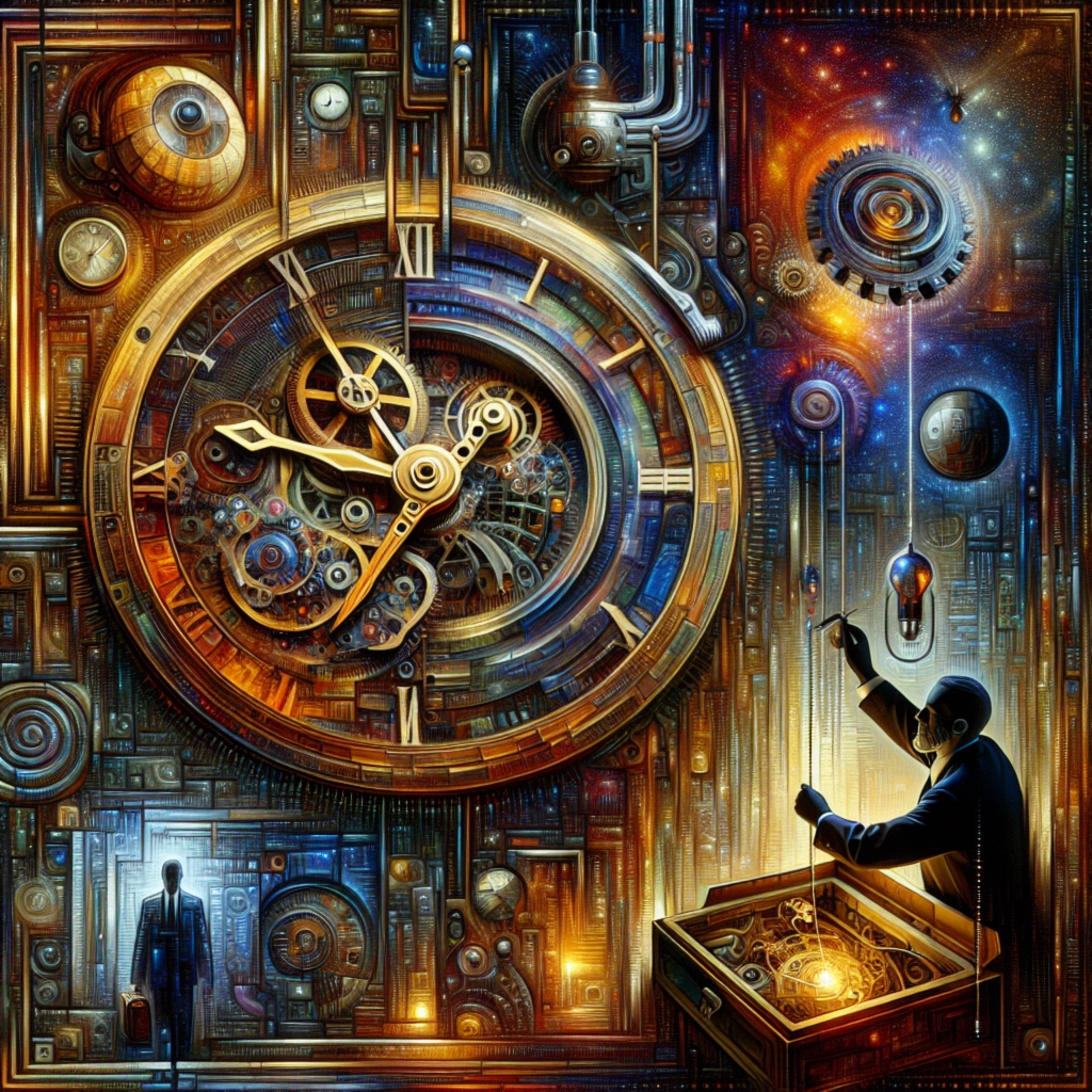 ** A surreal scene featuring a giant clock, a figure, and intricate mechanical elements.