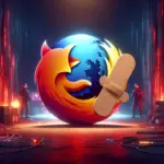 Firefox-Logo mit einem Verband, zwei Personen im Hintergrund, futuristische Stimmung.