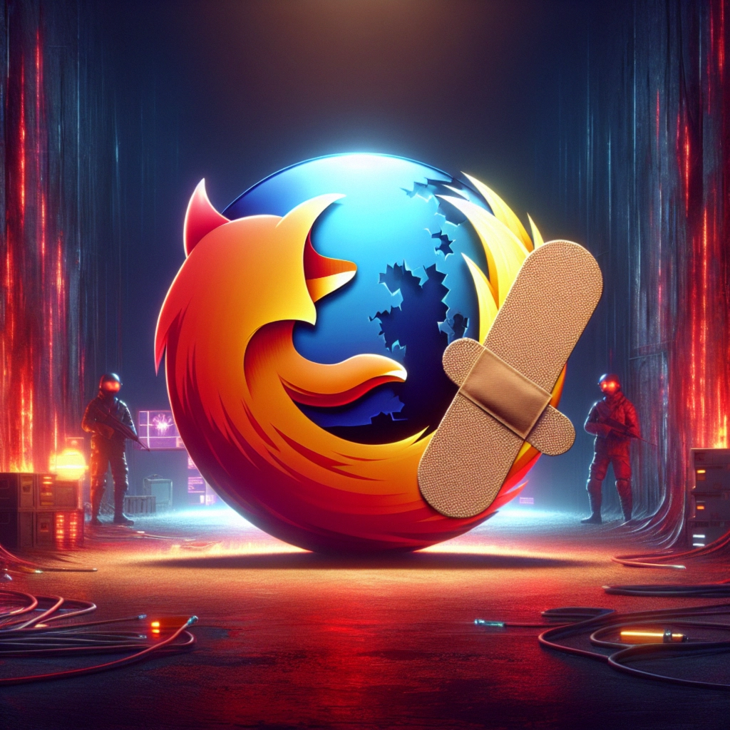 Логотип Firefox с пластырем, на фоне темного кибернетического пространства.