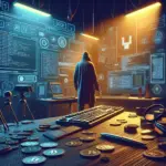 A cloaked figure stands in a dimly lit tech room surrounded by screens, gadgets, and scattered coins.