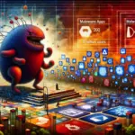 ** A colorful digital landscape featuring a giant monster among app icons and statistics about malware.