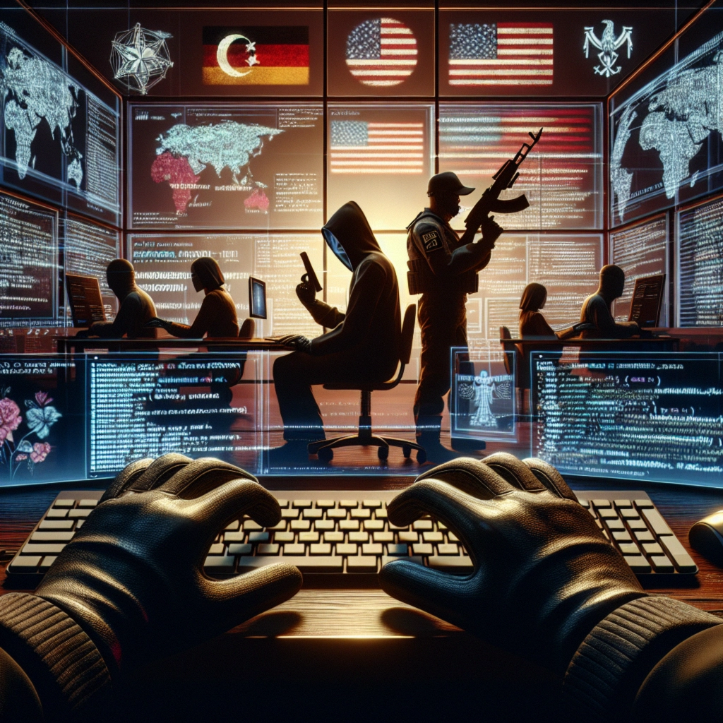 ** A dark room filled with hackers and security personnel at computers, displaying various country flags.