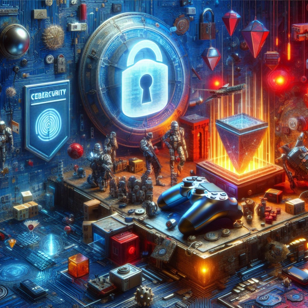 ** A futuristic scene with a lock symbol, robots, geometric shapes, and game controllers amidst a circuit-like background.