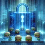 ** A digital lock overlaying a laptop surrounded by cartoon hamburgers and binary code.