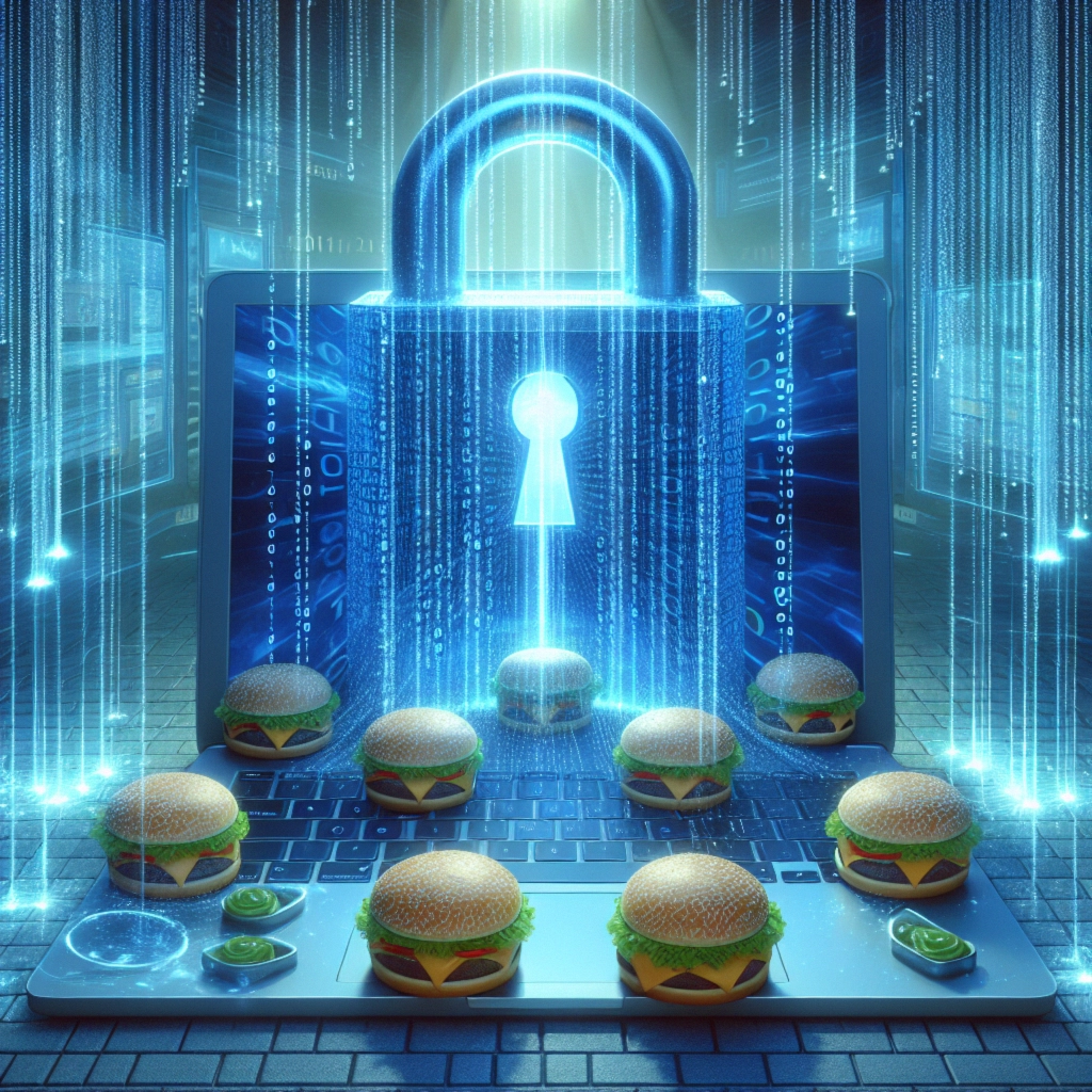 ** A digital lock overlaying a laptop surrounded by cartoon hamburgers and binary code.