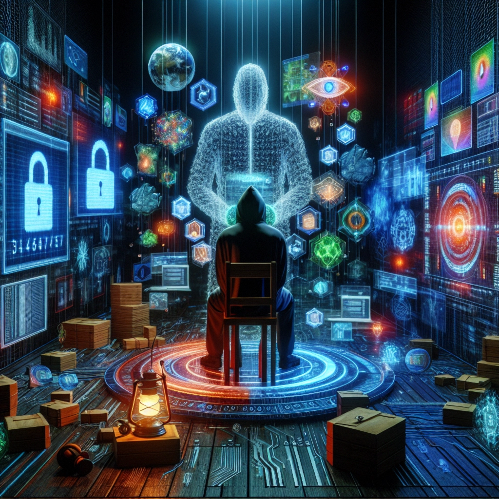 ** A hooded figure sits in front of glowing digital displays and floating icons in a dark, high-tech environment.