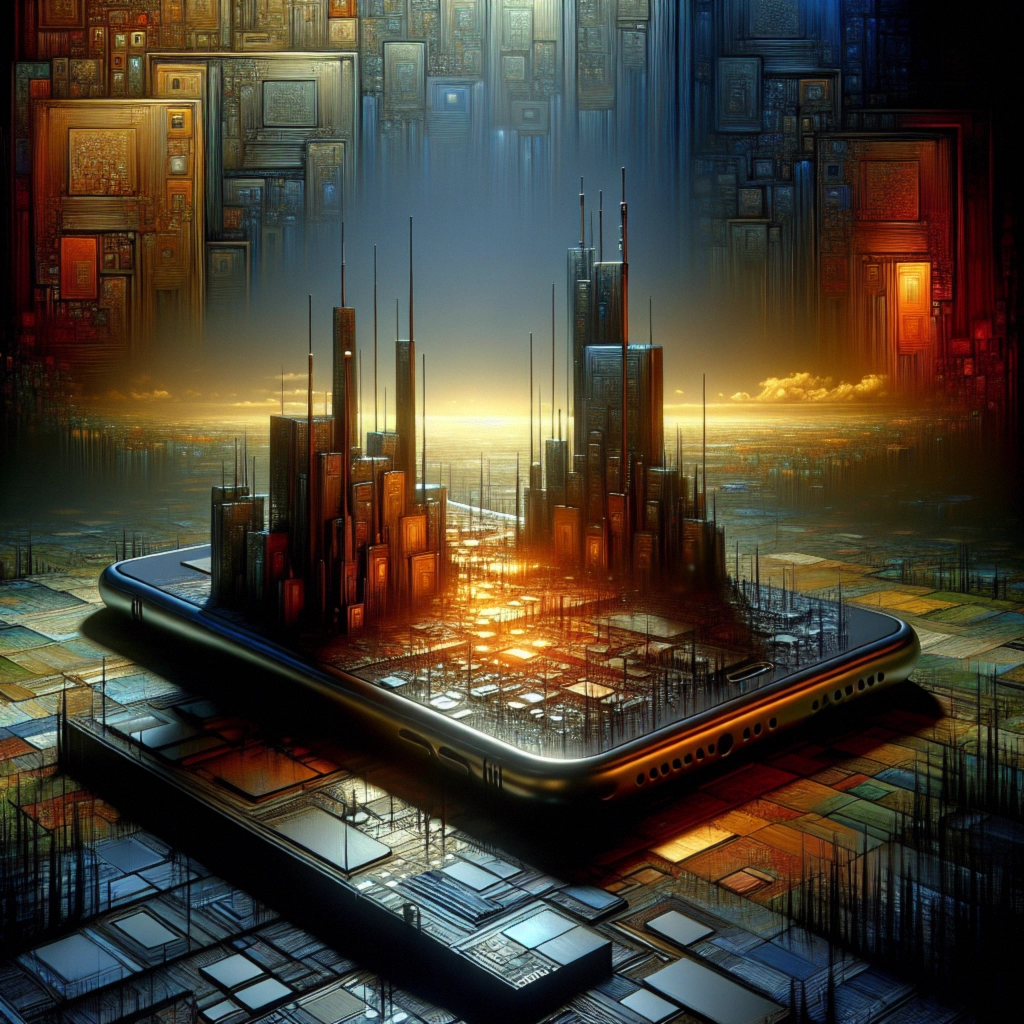 ** A surreal digital landscape emerging from a smartphone, featuring glowing skyscrapers and vibrant colors.