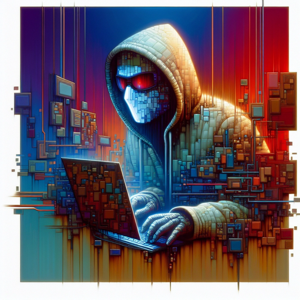 ** A hooded figure with sunglasses, typing on a laptop, surrounded by a colorful abstract digital landscape.