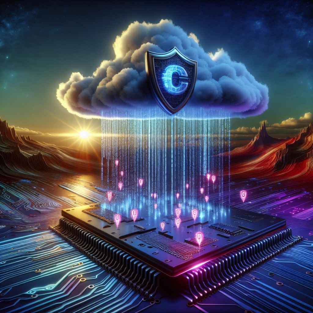 ** A digital illustration of a shielded cloud pouring data over a computer chip in a vibrant landscape.