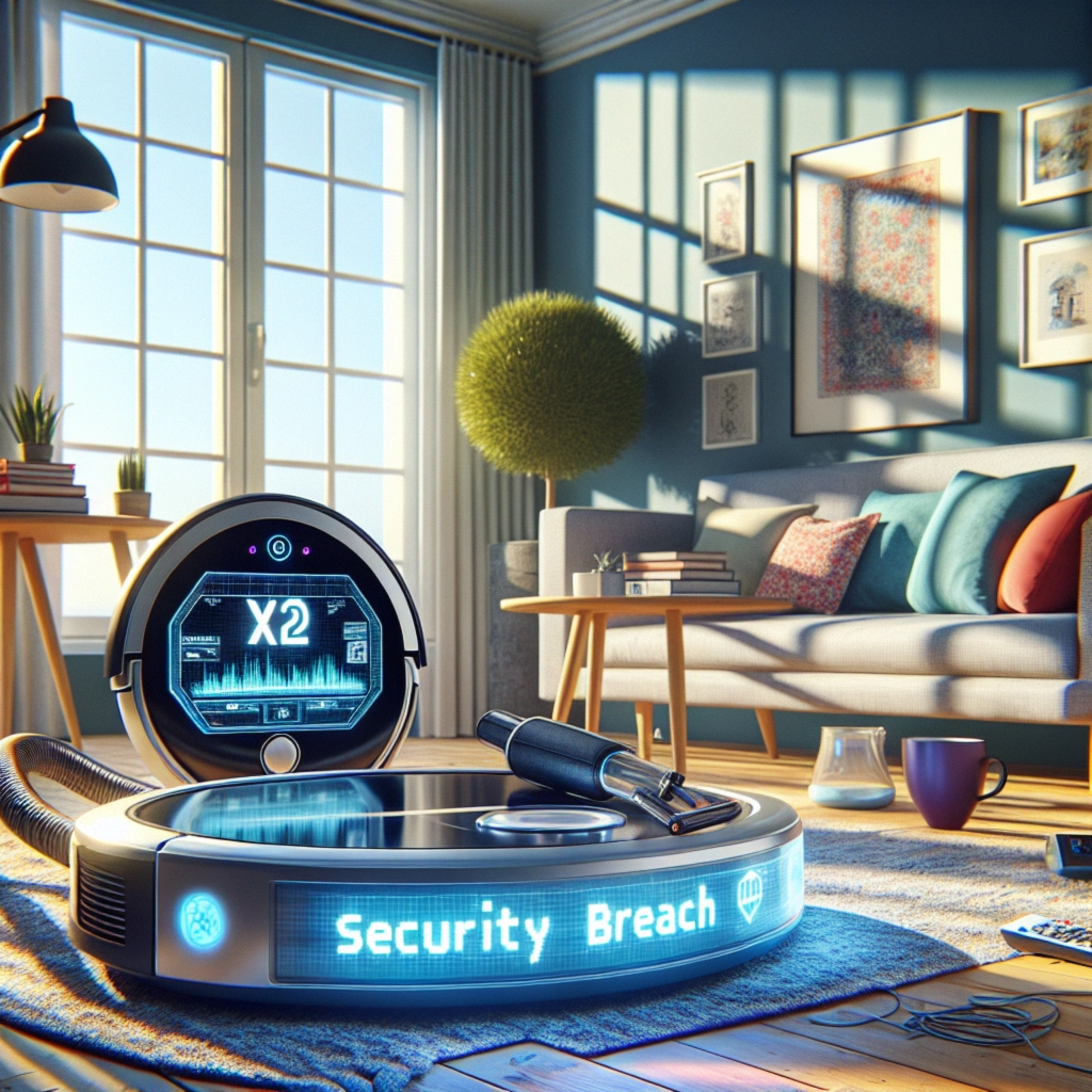 A robotic vacuum with a warning message in a bright living room setting.