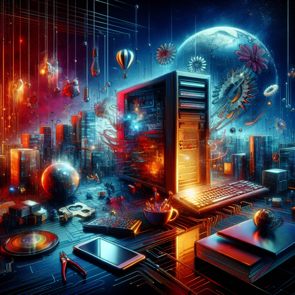 ** A futuristic scene depicting a glowing computer amidst a digital cityscape with vibrant colors and celestial elements.